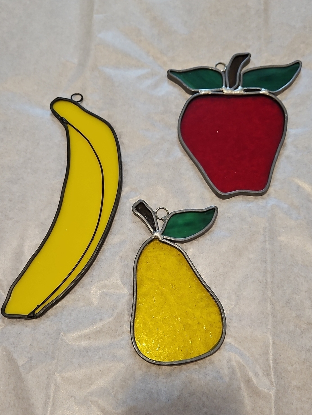 Stained Glass Fruit Trio - Red Apple, Yellow Banana & Pear, Green Leaves